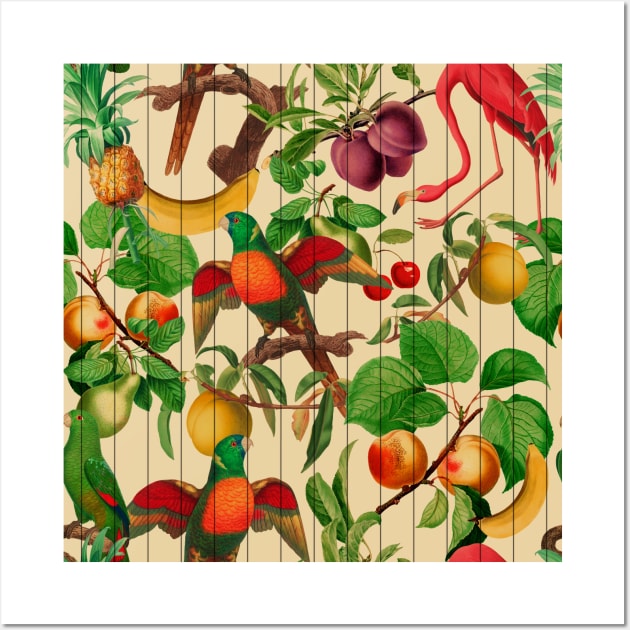 Tropical fruit with colorful parrots and flamingo on wood pattern Wall Art by NoPlanB